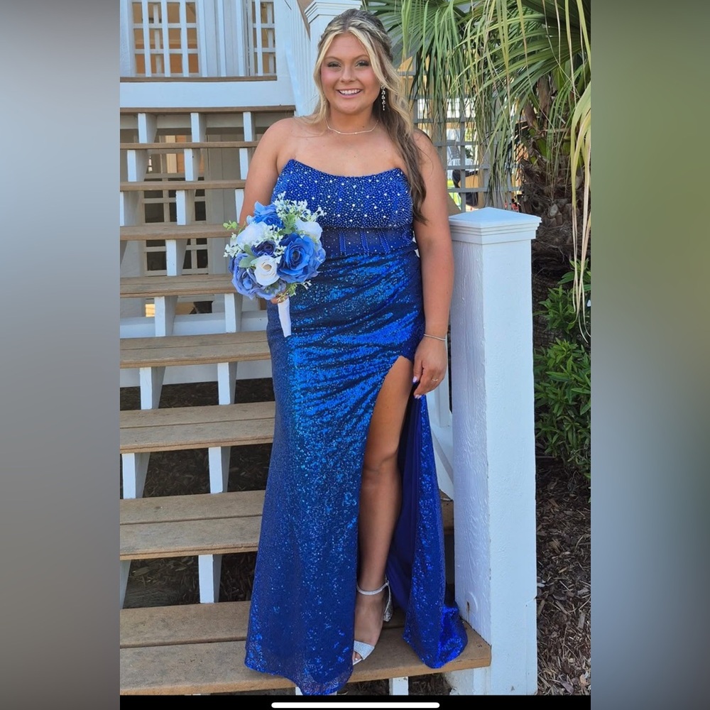 Blue Sequin prom dress with rhinestones